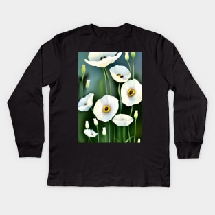 CUTE WHITE POPPY LIGHT GREEN BACKGROUND Kids Long Sleeve T-Shirt